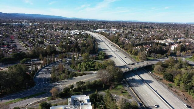 Aerial view of the Interstate 280 freeway as its passes through downtown Cupertino, California, USA.