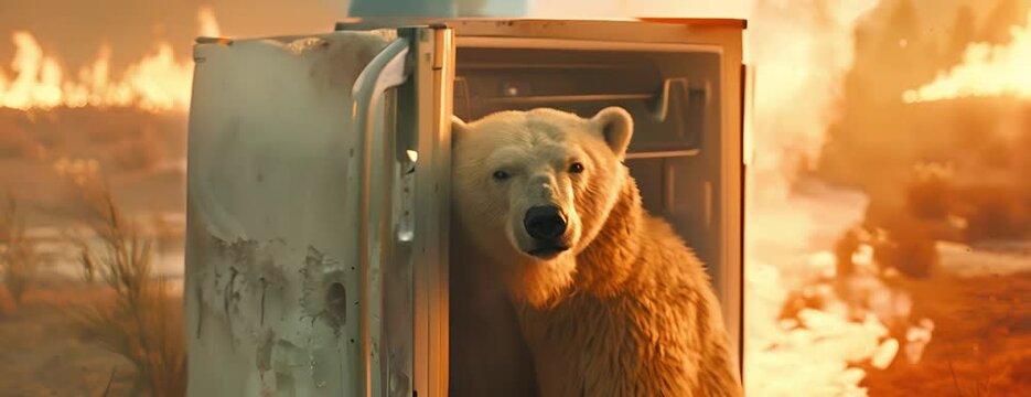 Medium shot of a polar bear leaning into an open refrigerator, trying to escape a wildfire background, highlighting climate-induced disasters