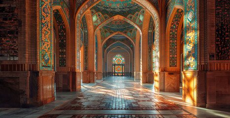 Obraz premium Majestic mosque interior with intricate stained glass and reflective marble floor