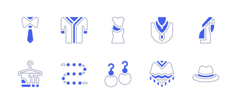 Fashion icon set. Duotone style line stroke and bold. Vector illustration. Containing dress, fedora hat, saree, pants, tshirt, earrings, jewelry, ruana, necklace, tie.