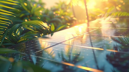 A closeup of a sleek modern solar panel system on a remote island the panels reflecting the golden rays of the sun. In the background . .
