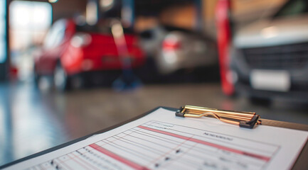 Mechanics checklist on clipboard for car insurance inspection in garage workshop