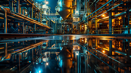 A large industrial plant with a lot of pipes and a lot of water. The water is reflecting the lights from the building