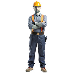 the builder in a construction vest and orange helmet standing