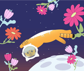 Ginger Cat on The Galaxy with colorful flowers.