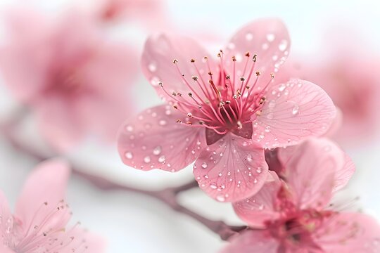 Delicate Pink Cherry Blossom Flowers in Soft Focus on Airy Natural Spring Background