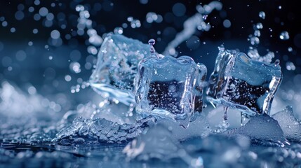 Blue water splash and ice cubes frozen motion 