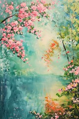 This abstract oil painting portrays blooming flowers in the garden during spring, with the rough canvas texture resembling strokes from a palette knife.
