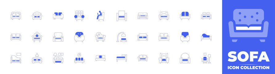Sofa icon collection. Duotone style line stroke and bold. Vector illustration. Containing couch, sofa, sofa bed, living room, chaise longue, armchair, coach.