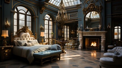 A lavish bedroom with a king-size canopy bed, silk drapes, an ornate fireplace, gilded furniture, and a crystal chandelier. - obrazy, fototapety, plakaty