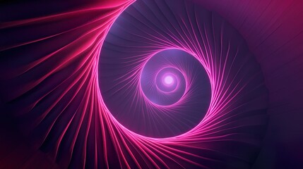 Graphic design art of abstract illusion of spiral with geometric shapes of pink and violet neon lines