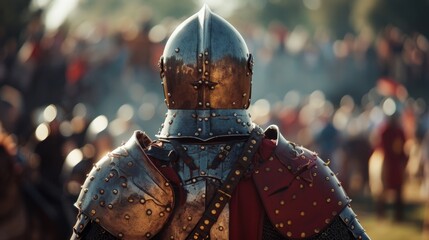 A gallant knight adjusts helmet back towards the camera as prepares for turn in the jousting tournament. The heat and . . - obrazy, fototapety, plakaty