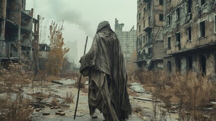 A figure cloaked in tattered fabric and walking stick in hand faces away from the camera as they navigate through the abandoned cityscape . . - obrazy, fototapety, plakaty