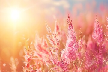 Vibrant Peach-Toned Meadow with Ethereal Sunlight and Lush Grass Blossoms
