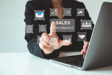 Sales performance management concept. Businesswoman use laptop to analyze data and sales performance. Strategic Decision Making for Operations Management, increase sales and business growth. 