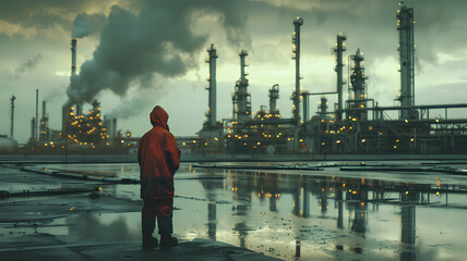 A man in a red jacket stands in front of a large industrial plant. The sky is cloudy and the air is thick with smoke. The scene is bleak and foreboding