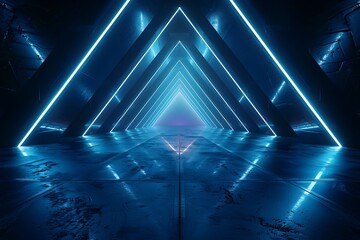 Mesmerizing Abstract Futuristic Neon-Lit Geometric Tunnel with Glowing Blue Reflections - obrazy, fototapety, plakaty