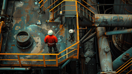 A man in a red safety suit stands on a yellow railing above a large industrial pipe. Concept of danger and caution, as the man is likely working in a hazardous environment