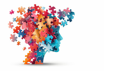 Abstract human head silhouette formed by multicolored puzzle pieces, representing concept of cognitive processes and creative problem-solving - obrazy, fototapety, plakaty