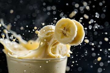 Banana milk smoothie splash on black background 