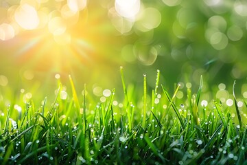 Lush and Vibrant Green Grass Glistening with Dew Drops in the Morning Sunlight - obrazy, fototapety, plakaty