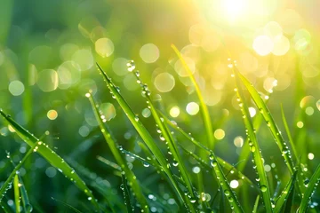 Fotobehang Dazzling Dew-Kissed Grass Glistening in Morning Sunlight - Vibrant Natural Background © TEERAWAT