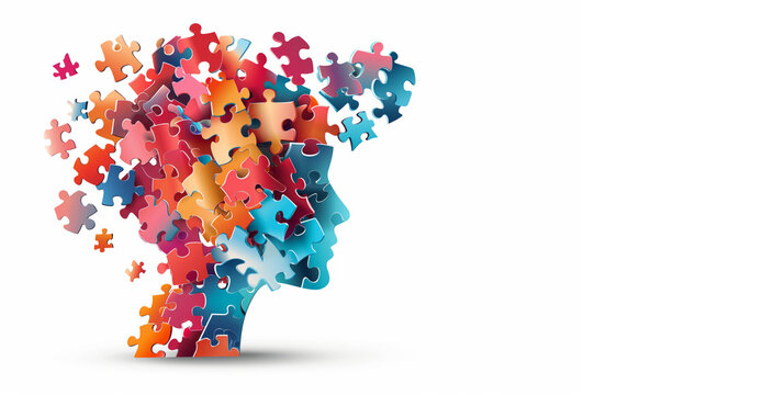 Abstract human head silhouette formed by multicolored puzzle pieces, representing concept of cognitive processes and creative problem-solving