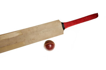 Cricket bat and ball against isolated white background