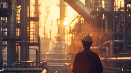A man in a hard hat stands in front of a large industrial plant. The sky is orange and the sun is setting