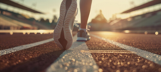 Close-up view of a runner exercising on an athletic stadium track - obrazy, fototapety, plakaty