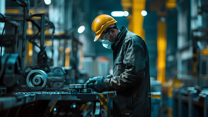 A man in a yellow helmet and a mask is working on a machine. Concept of caution and safety in a potentially hazardous environment