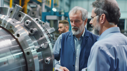 Three men are standing around a large machine, looking at it intently. They are wearing blue vests and appear to be discussing something important