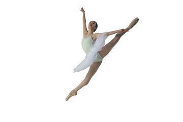 young Japanese ballerina in a photo studio does a grand jete splits in a jump, isolated on transparent background, png