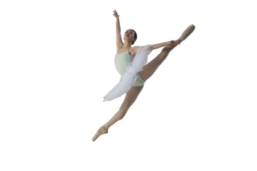 young Japanese ballerina in a photo studio does a grand jete splits in a jump, isolated on transparent background, png
