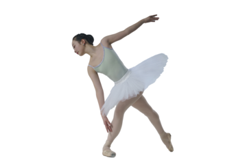 young Japanese ballerina poses in a photo studio with ballet elements showing stretching and plasticity, isolated on transparent background, png