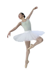 young Japanese ballerina poses in a photo studio with ballet elements showing stretching and plasticity, isolated on transparent background, png