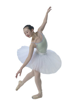 young Japanese ballerina poses in a photo studio with ballet elements showing stretching and plasticity, isolated on transparent background, png