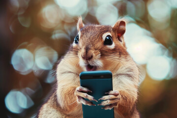 Squirrel holding a smartphone with a surprised expression