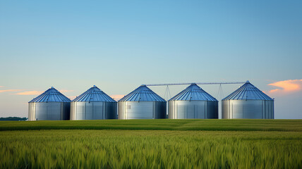 A field of grain with four silos in the background