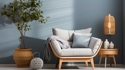 A Scandinavian-style armchair with a plush pillow, a sleek modern lamp, a small potted plant, a minimalist ottoman, and a round carpet with a geometric design on the floor