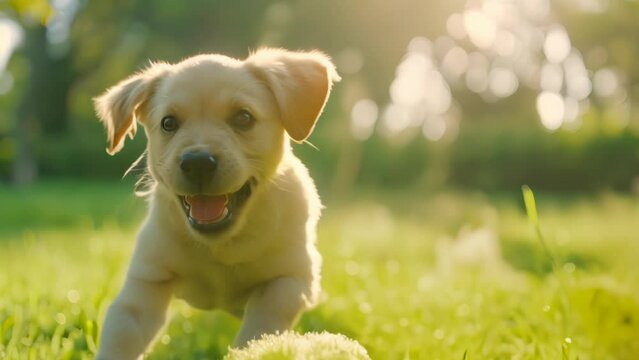 cute dog running at grass. 4k video animation