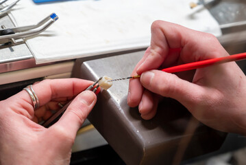 travail de finition d'une dent en c&eacute;ramique en laboratoire, &eacute;tape de la peinture