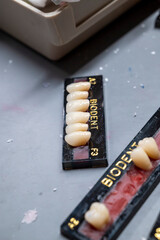 ensemble de dents en céramique sur un présentoir pour fabrication de dentier © Esta Webster