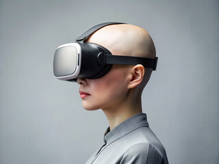 Korean bald girl wearing VR