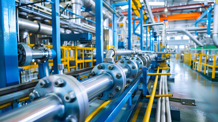 A factory with pipes and valves. The pipes are yellow and blue