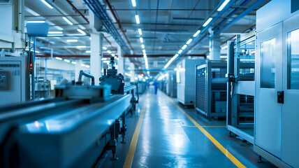A factory floor with a lot of machinery and a person walking in the middle. Scene is industrial and busy