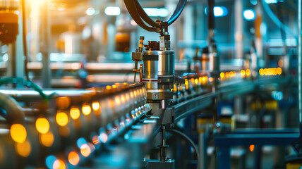 A factory with a conveyor belt of bottles. The bottles are being made in a line