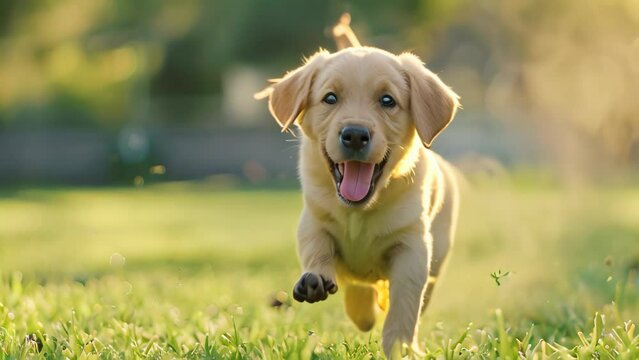 Lovely puppy running at grass. 4k video animation
