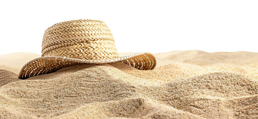 Summer hat on the sandy beach isolated on transparent background