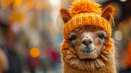 Fototapeta premium An alpaca in a hat is smiling happily on a light yellow background. 
